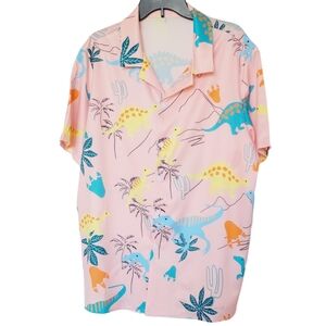 Dinosaur Print Button Down Shirt - Pink